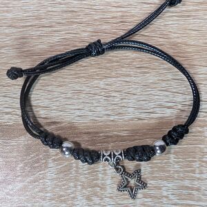 Black Adjustable Cord Bracelet Silver Star Charm Unisex Boho Minimalist